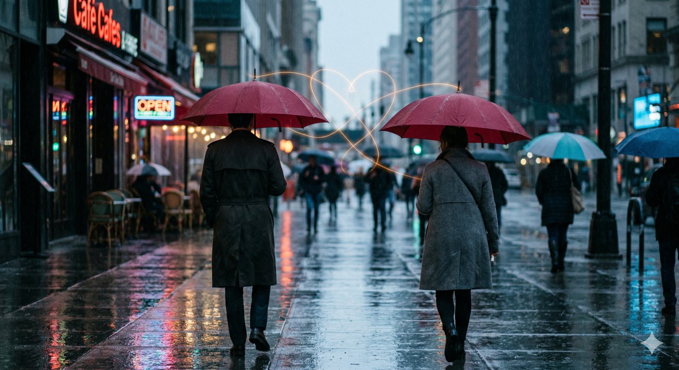 Two strangers with matching red umbrellas connected by a glowing heart-shaped thread on a rainy city street.