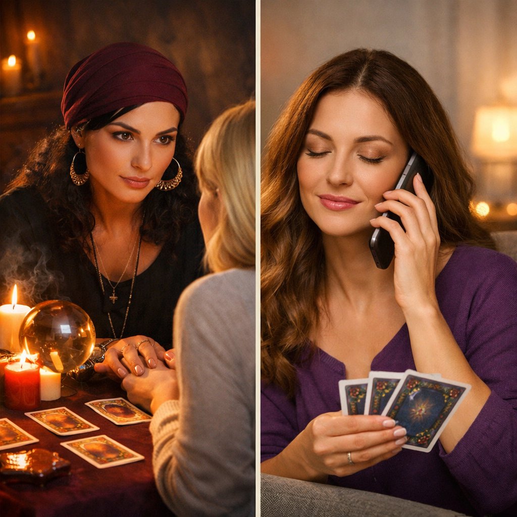 Face-to-face psychic reading vs phone reading with tarot cards, highlighting privacy and convenience