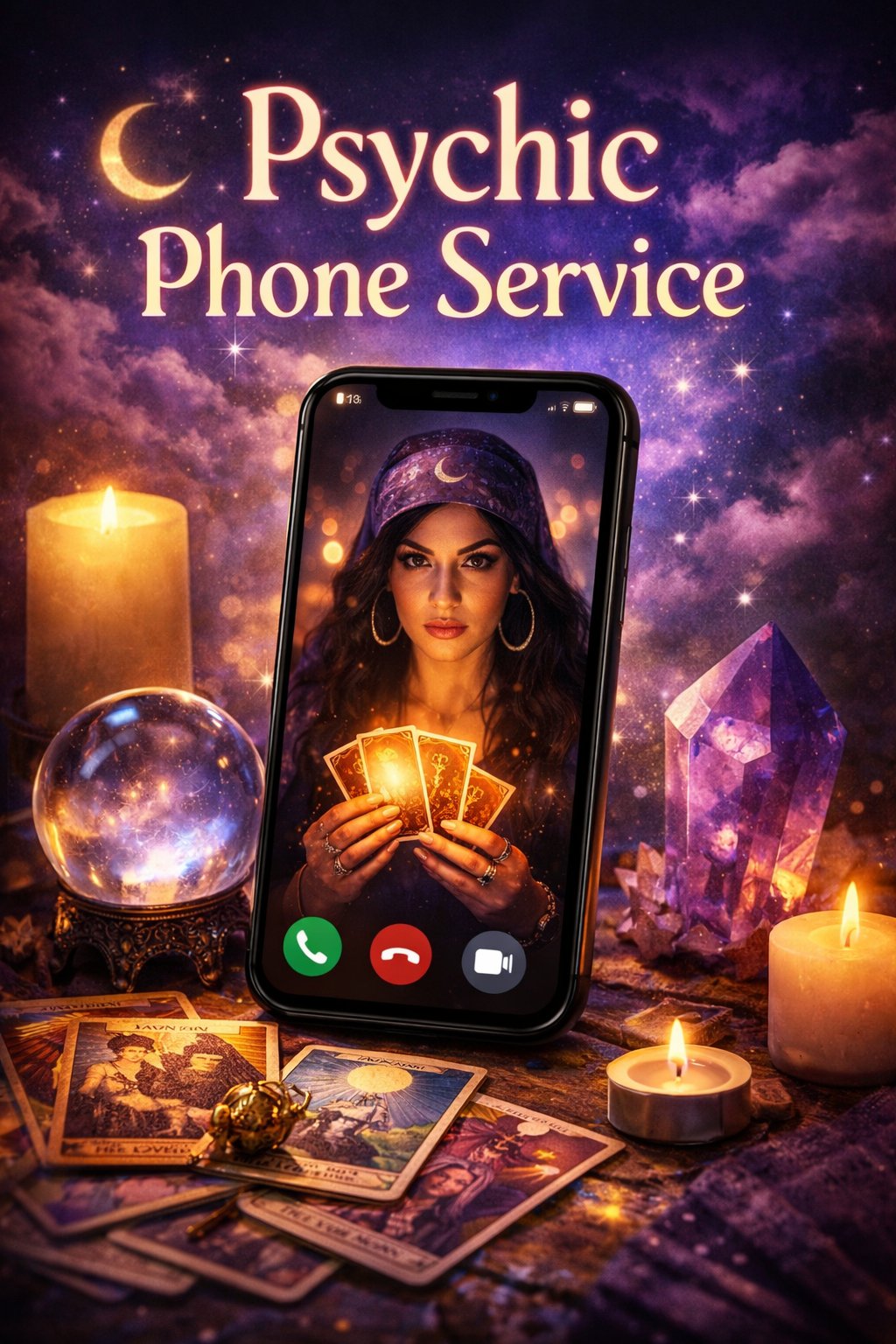 Online psychic phone reading with tarot cards, crystal ball and spiritual guidance on mobile