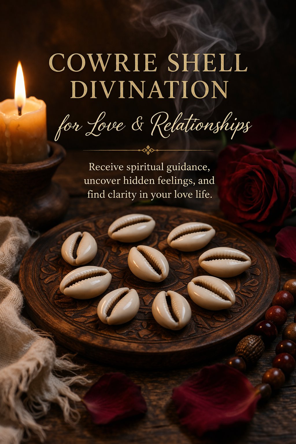 Cowrie shell love reading setup with shells, candle, and spiritual symbols for relationship guidance and emotional clarity