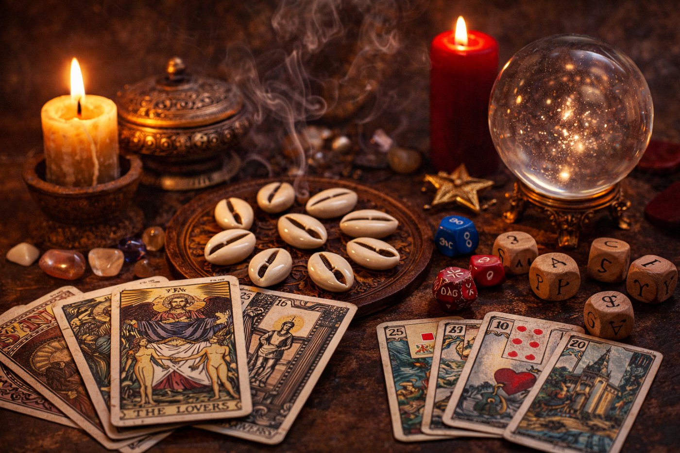 Love divination reading with tarot, Lenormand cards, cowrie shells, crystal ball, candles and incense revealing relationship insights and spiritual guidance