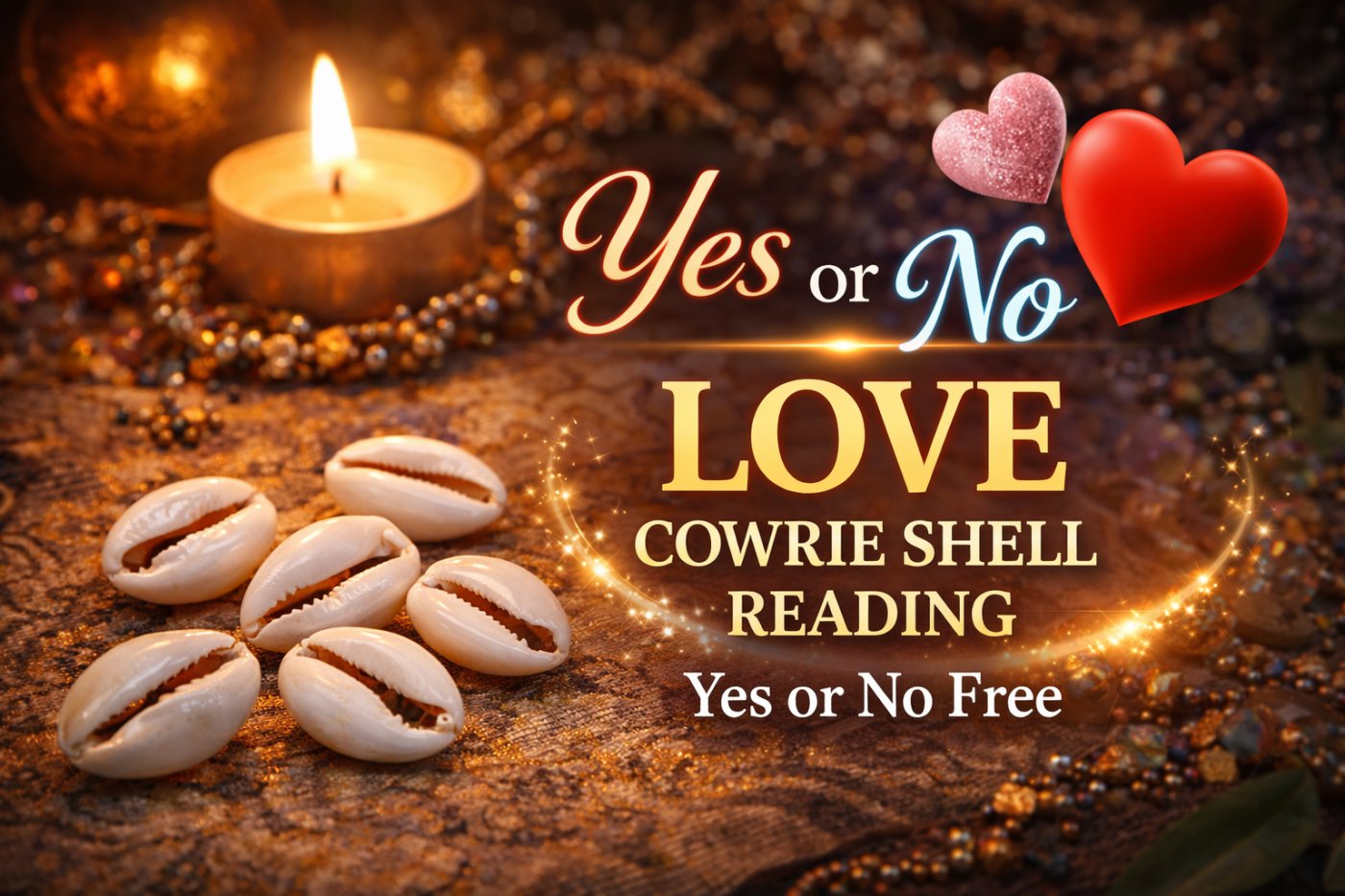 Free yes or no love cowrie shell reading with candle, shells and hearts revealing relationship answers and spiritual guidance
