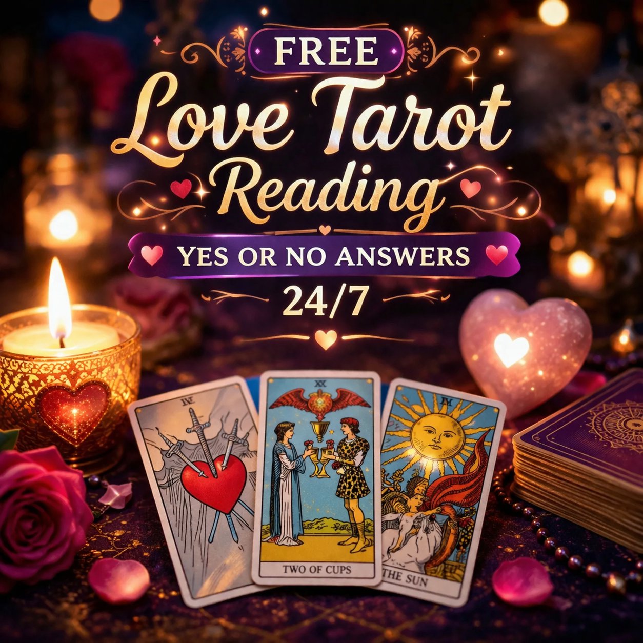 Free love tarot reading with yes or no answers 24/7 featuring tarot cards, candle and mystical romantic atmosphere