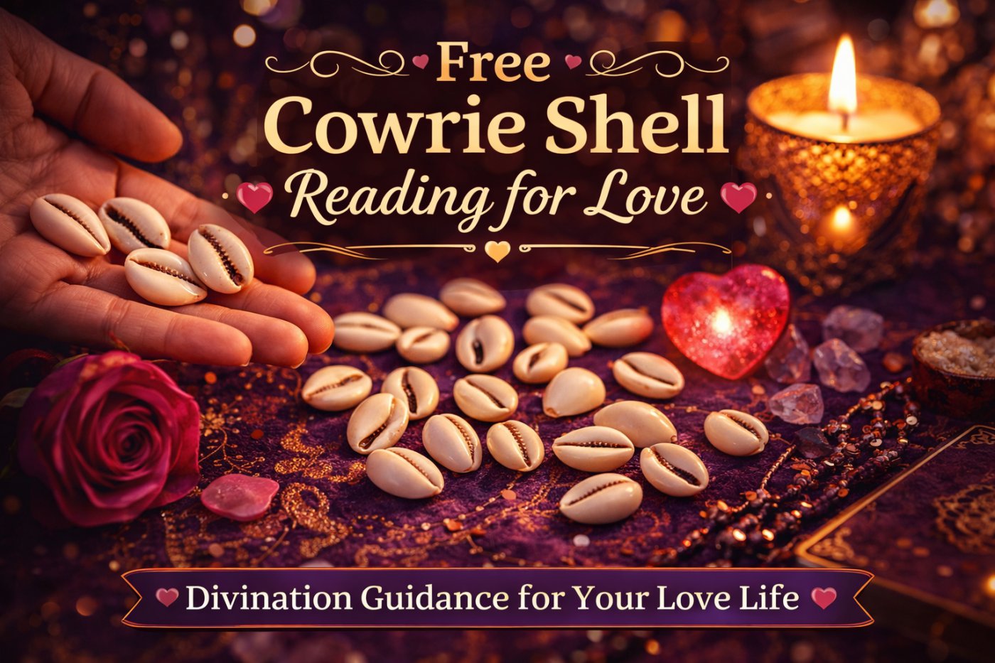 Free cowrie shell love reading with spiritual divination guidance, shells, candle and romantic setup for relationship answers