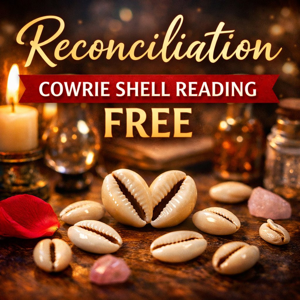 Free reconciliation cowrie shell reading with shells, candle and romantic spiritual setup for love and ex return answers