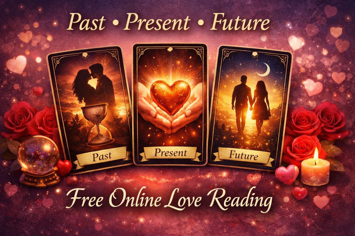 Free online love tarot reading past present future with three cards showing relationship timeline and romantic spiritual guidance
