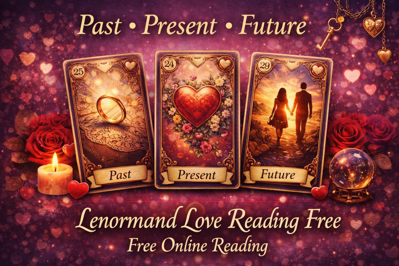 Free Lenormand love reading past present future with three cards showing relationship timeline and romantic spiritual guidance