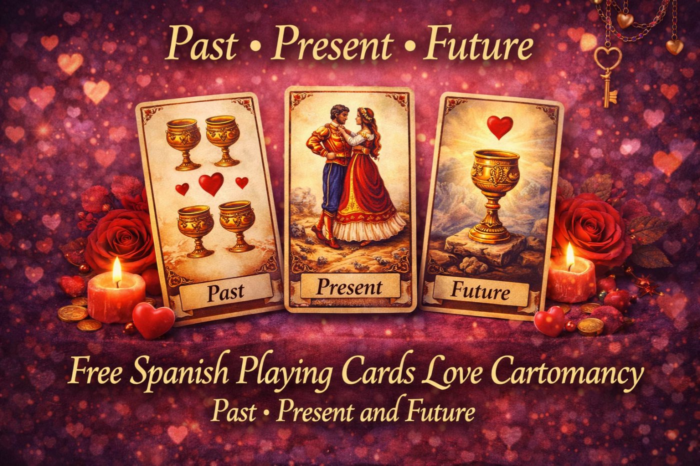 Free Spanish playing cards love reading past present future with three cards showing relationship timeline and romantic cartomancy guidance
