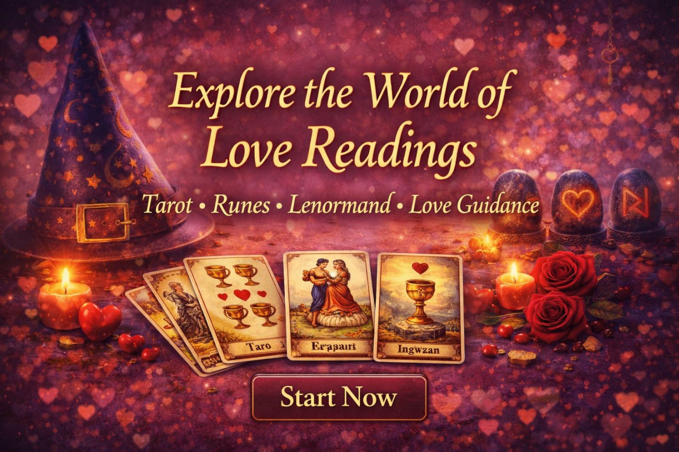 Explore the world of love readings with tarot cards, runes and Lenormand offering free online relationship guidance and spiritual insights