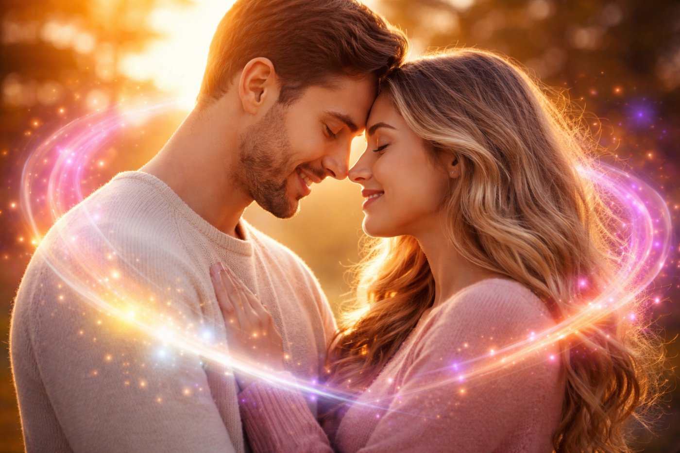 Romantic couple embracing with positive energy light showing love connection, emotional harmony and future relationship potential