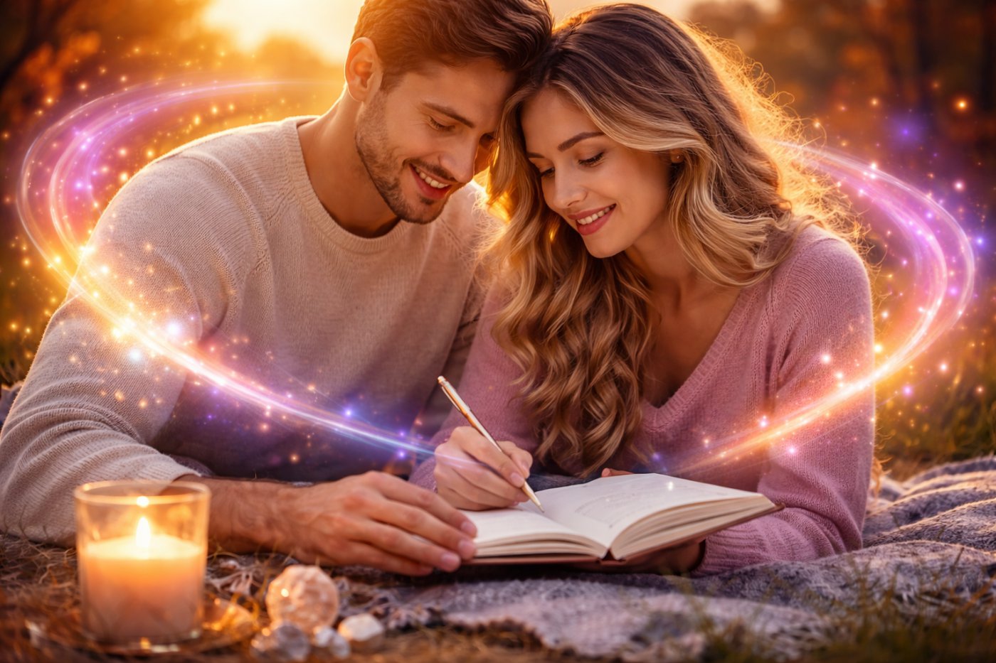 Couple writing love intentions together with positive energy light showing emotional connection, manifestation and future relationship harmony