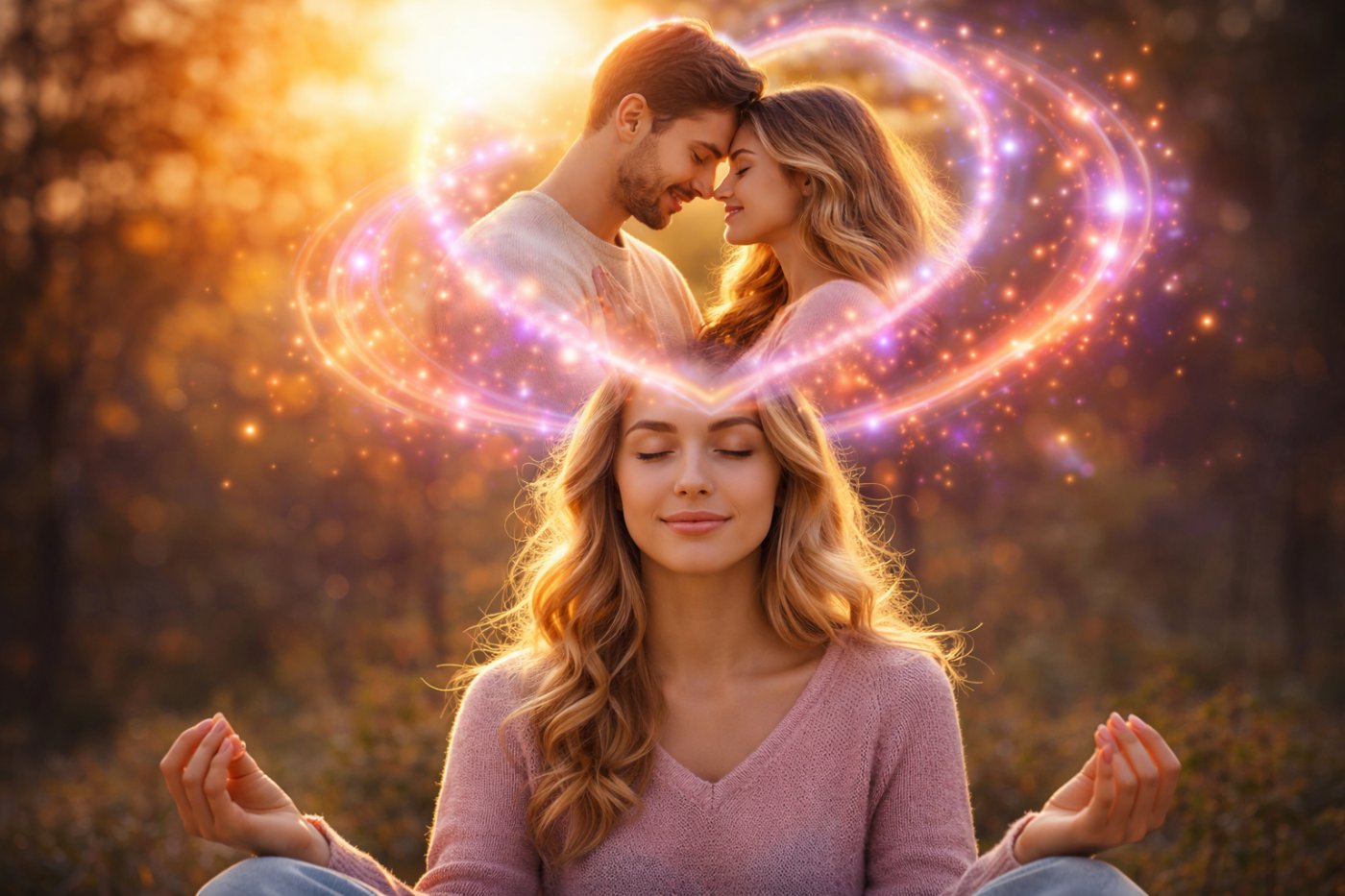 Woman visualizing her future love while meditating with glowing energy showing manifestation, emotional alignment and romantic connection