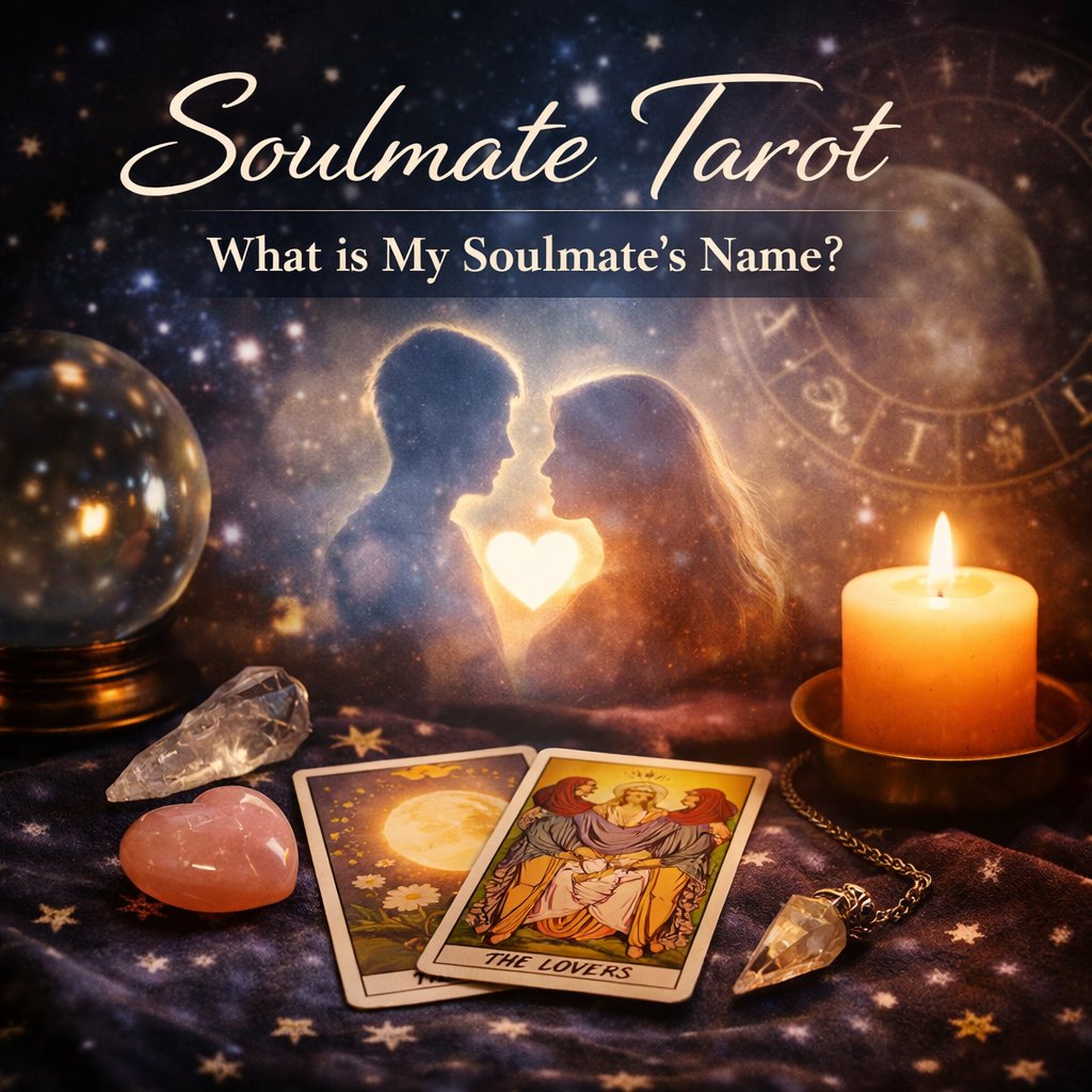 Soulmate tarot reading with couple silhouette, The Lovers card, candle and crystals exploring love connection and soulmate identity
