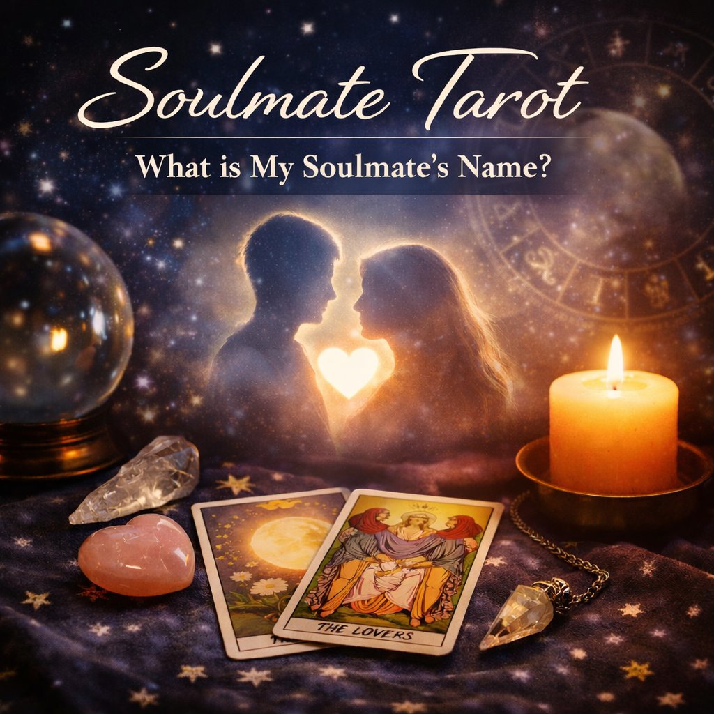 Soulmate tarot reading with hand holding love card, The Lovers card, candle and crystals exploring romantic connection and future relationship insight
