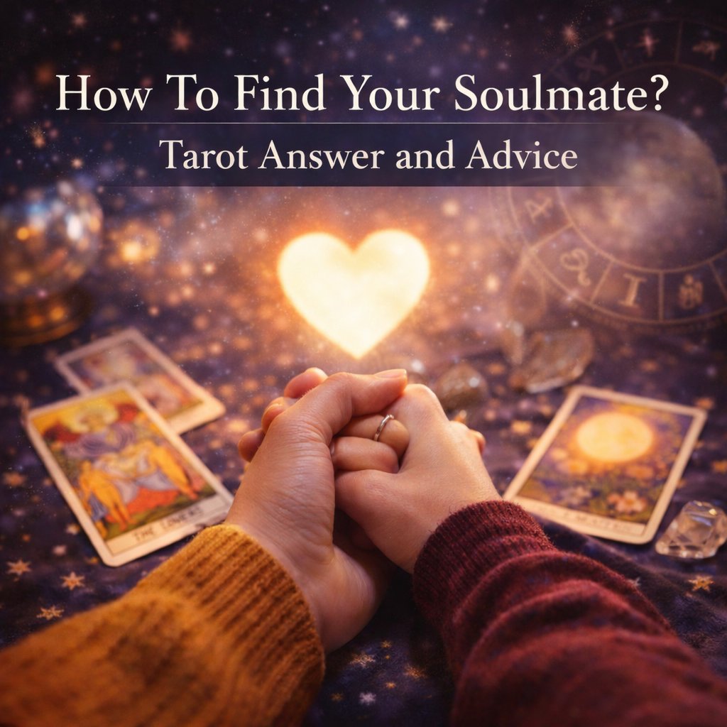Couple holding hands with glowing heart and tarot cards representing soulmate connection, love guidance and spiritual relationship insight