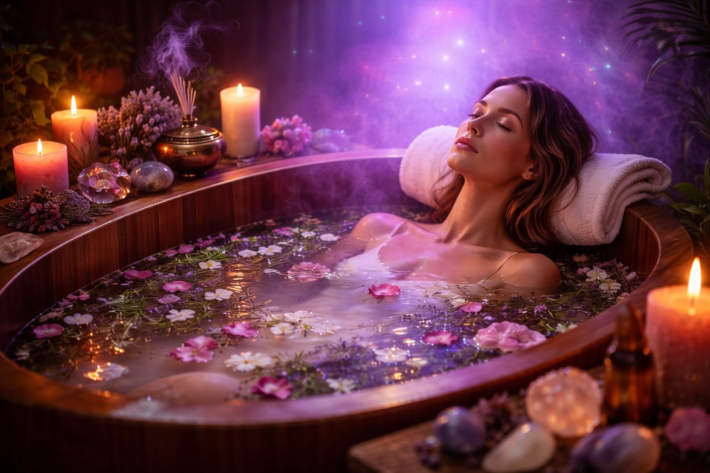 herbal bath spiritual cleansing energy healing spa ofuro chromotherapy aura relaxation ritual