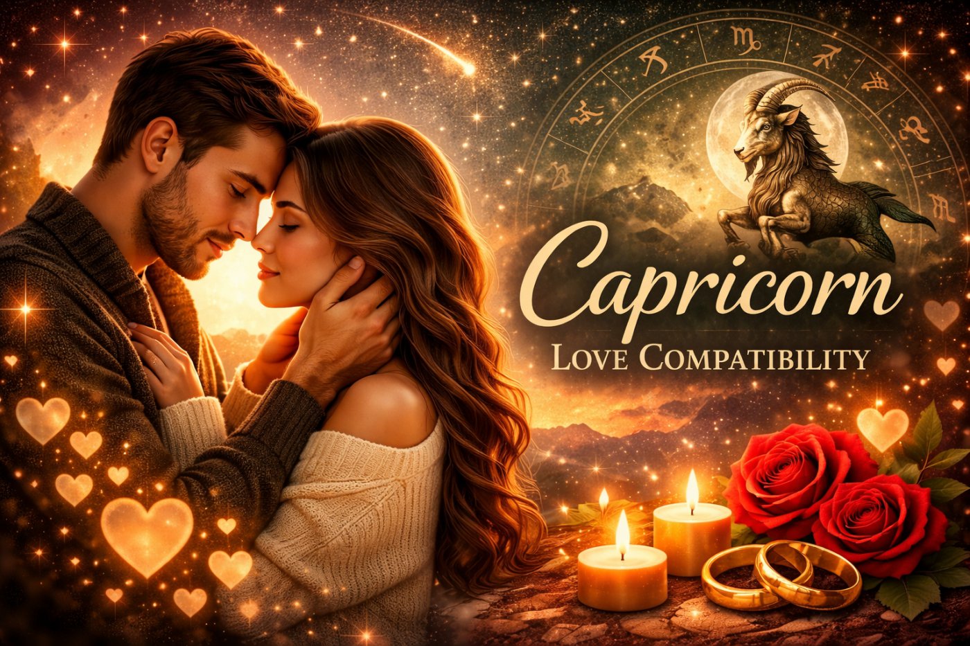 Romantic couple embracing under Capricorn zodiac symbol for love compatibility and relationship insight
