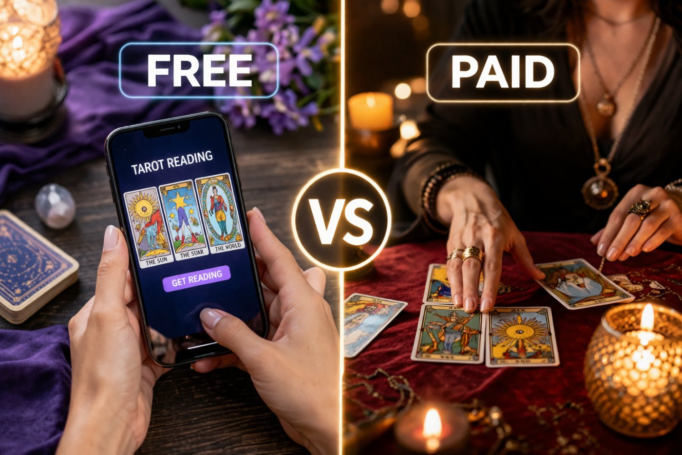 Free vs paid tarot readings comparison showing online tarot app and professional psychic reading session