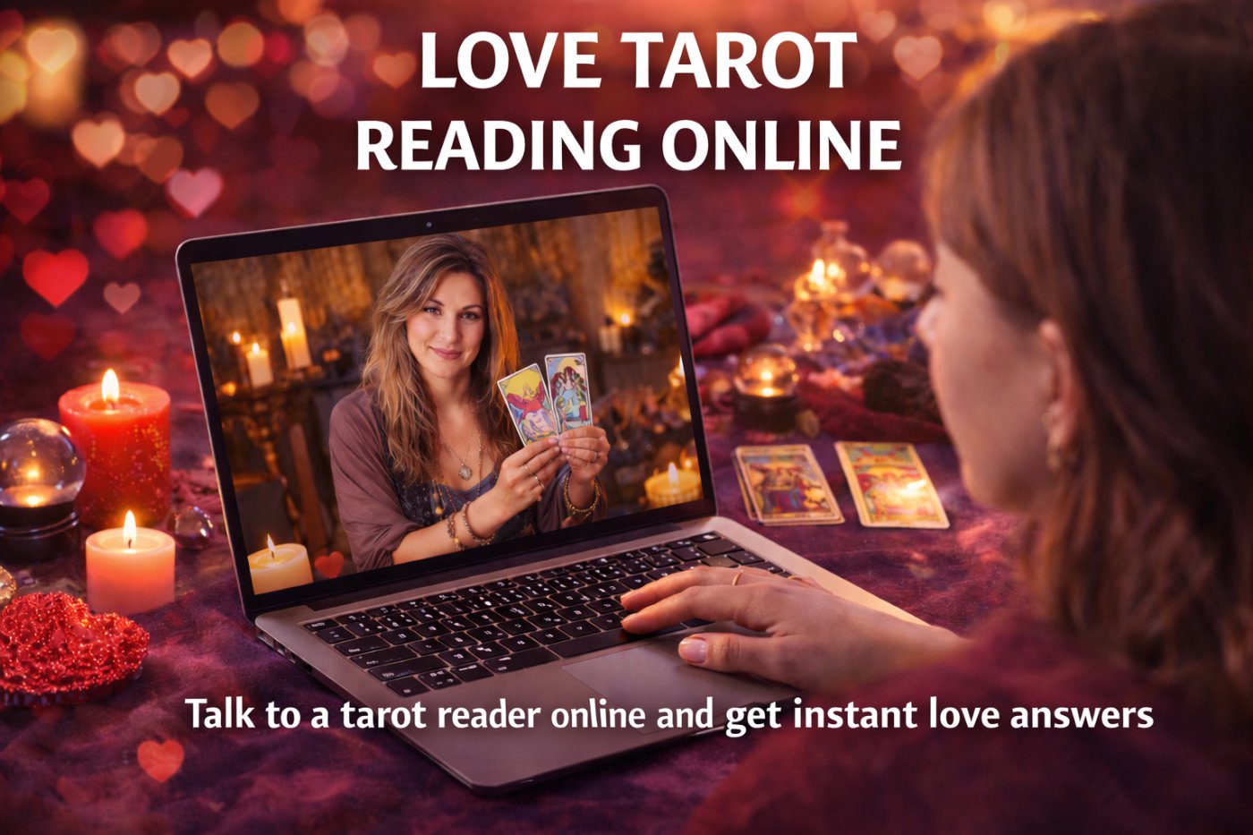 Woman having online tarot reading via video call with psychic reader for love and relationship guidance