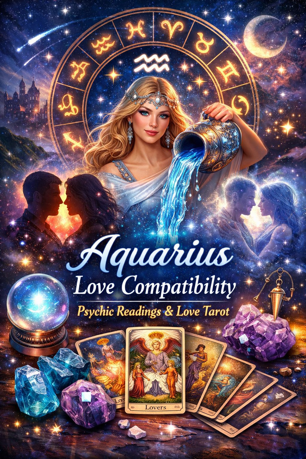 Aquarius love compatibility illustration with zodiac wheel, tarot cards, crystal ball and psychic reading symbols for soulmate and relationship guidance