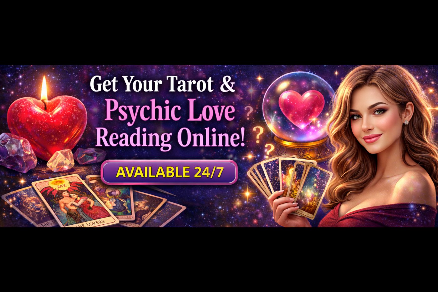 online psychic love reading tarot cards crystal ball soulmate reading 24/7 love advice relationship guidance illustration