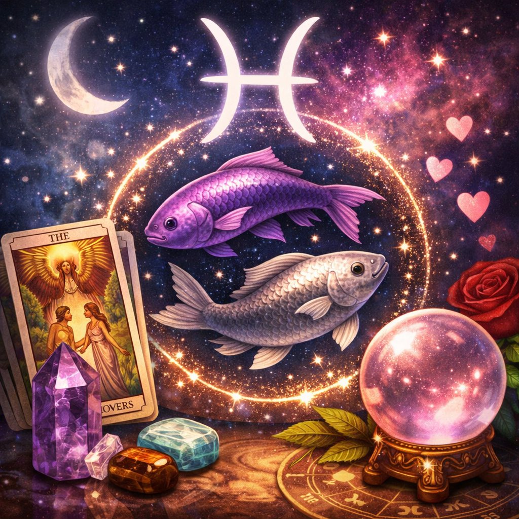 Pisces love compatibility illustration with zodiac symbol, tarot cards, crystal ball and soulmate psychic reading concept