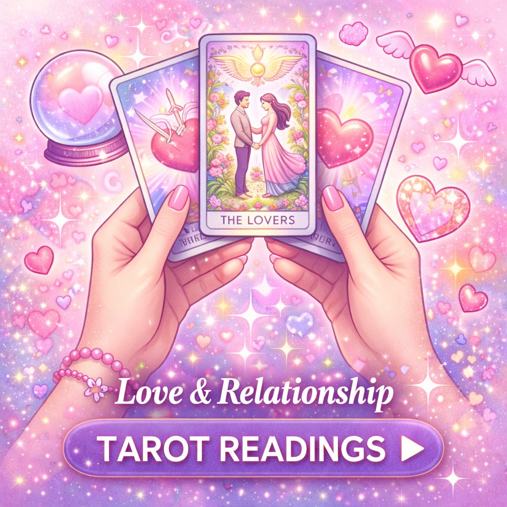 Tarot reading for love and relationship with The Lovers card, feminine hands holding tarot cards in a romantic pink aesthetic