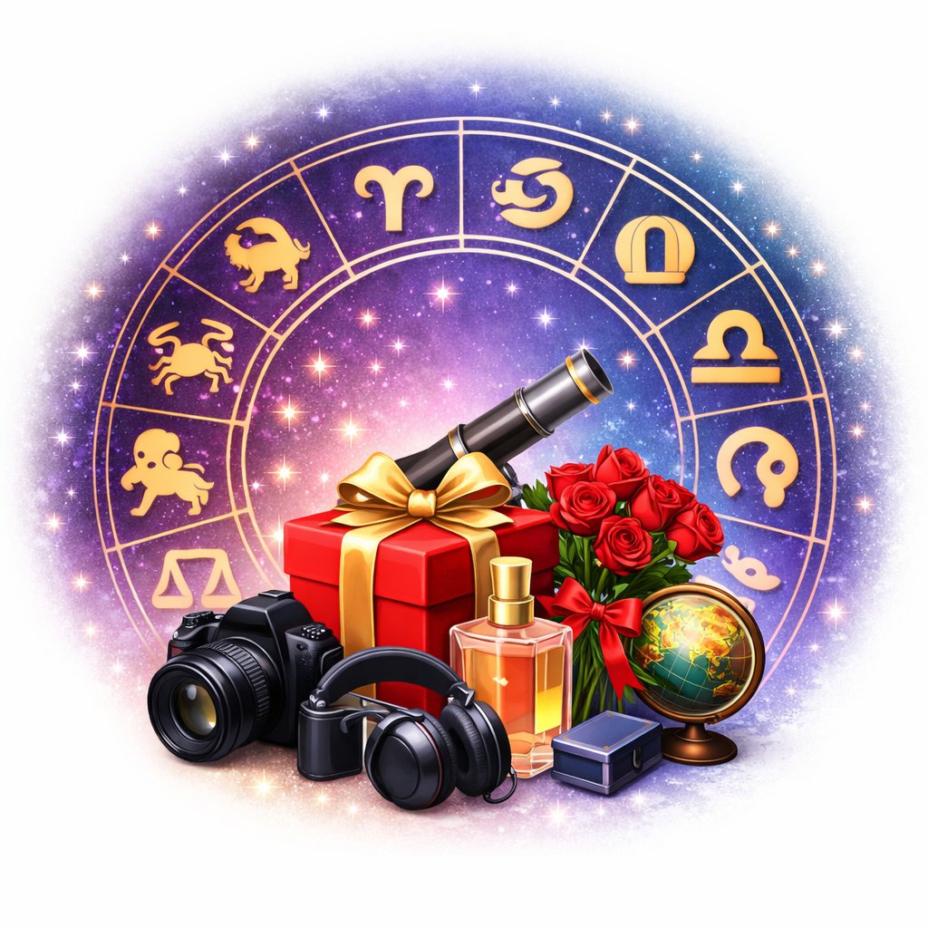 zodiac gift ideas illustration with presents and zodiac wheel representing all 12 signs
