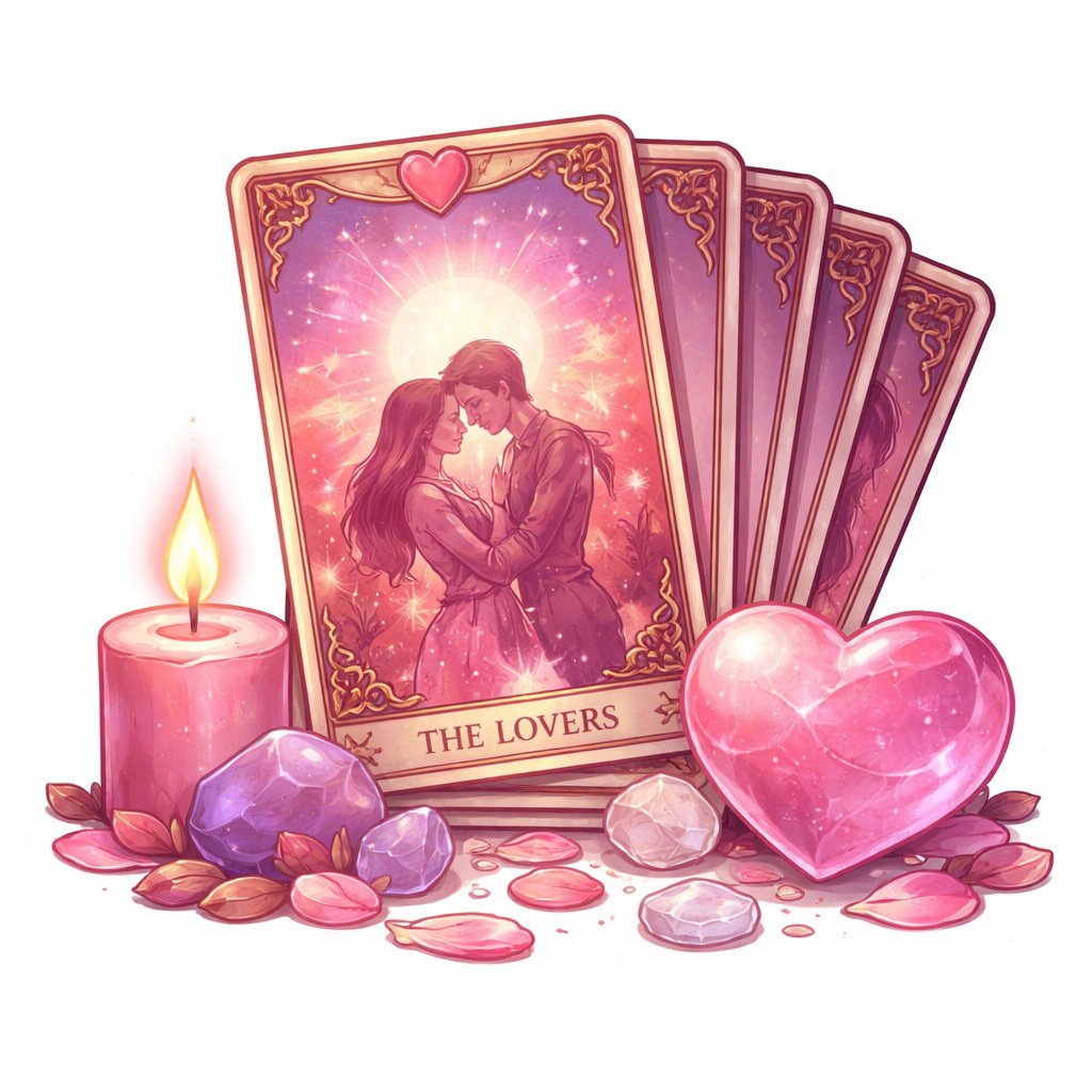 free psychic love tarot reading with The Lovers card, candle and romantic atmosphere for relationship answers