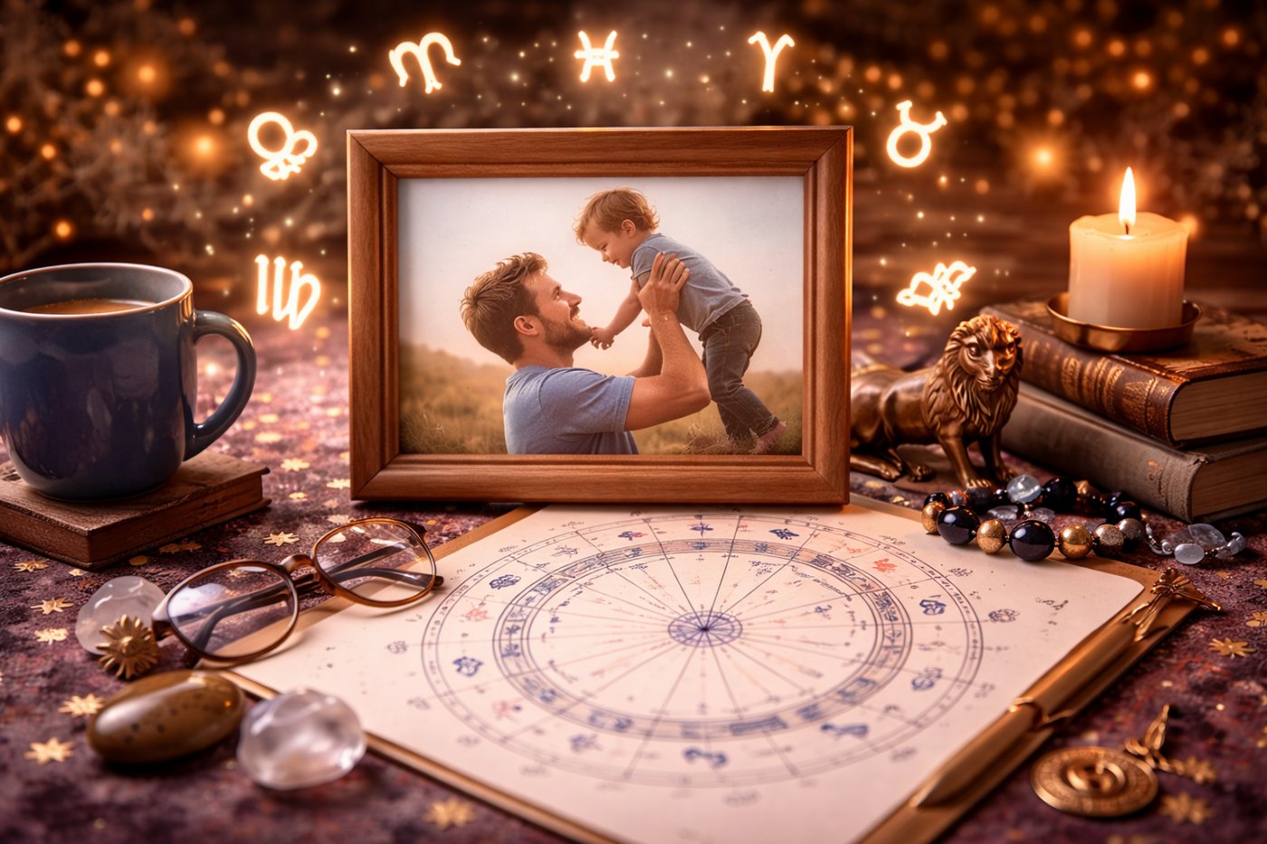 father and child astrology scene with zodiac chart, birth chart and warm light representing zodiac fathers traits and parenting style
