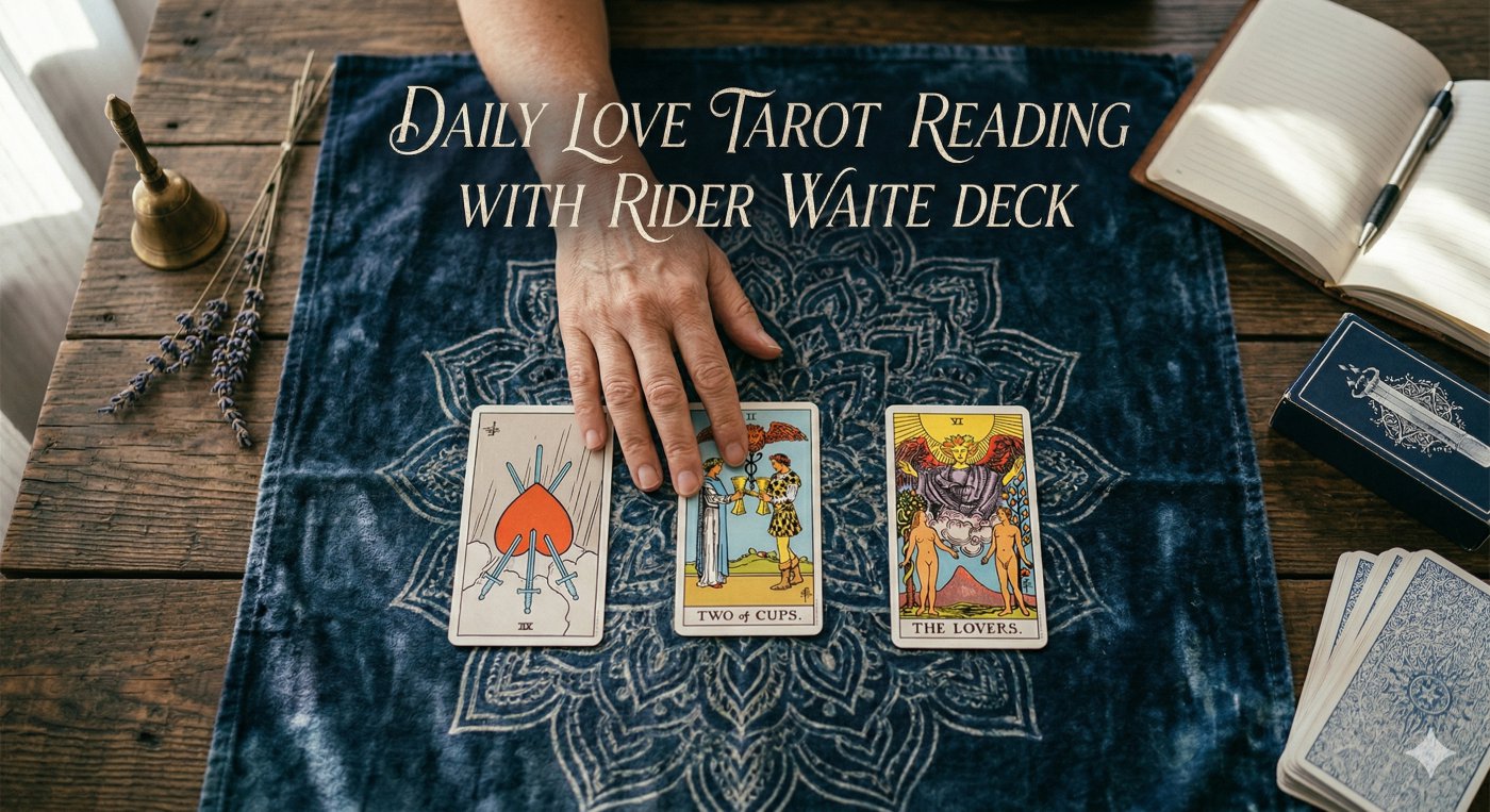 Daily love tarot reading with Rider Waite deck cards on blue velvet cloth