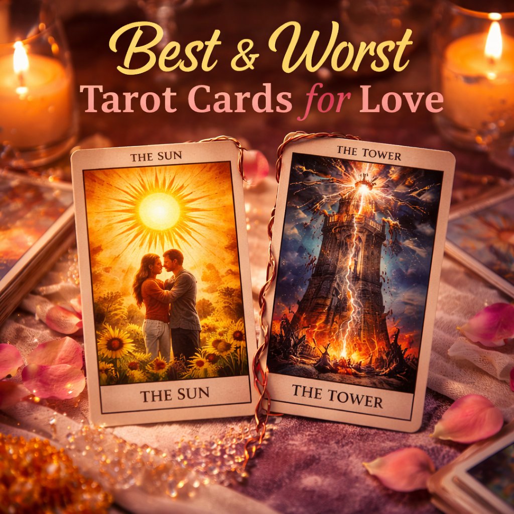 best and worst tarot cards for love daily reading showing The Sun and The Tower with relationship meanings, emotional contrast and love guidance