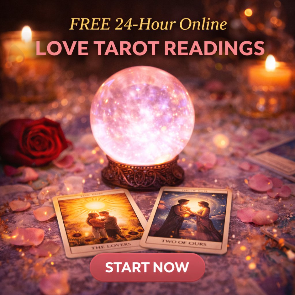 free love tarot reading online 24 hours with crystal ball and tarot cards showing soulmate connection, love prediction and relationship guidance