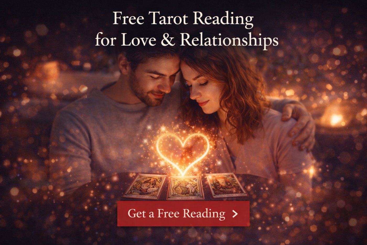 free love tarot reading online with couple and glowing heart showing relationship guidance and emotional insight through tarot cards