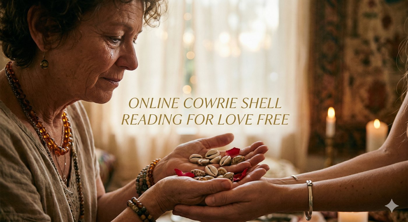 Woman receiving a spiritual cowrie shell reading for love with rose petals and candles, offering emotional clarity and relationship guidance