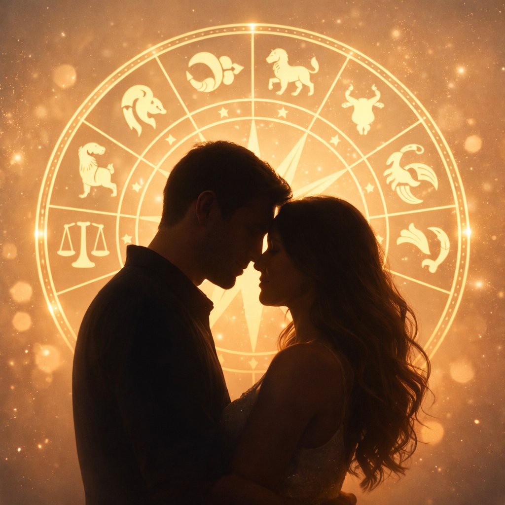 zodiac love compatibility romantic couple under glowing zodiac wheel astrology relationship soulmate attraction and love connection