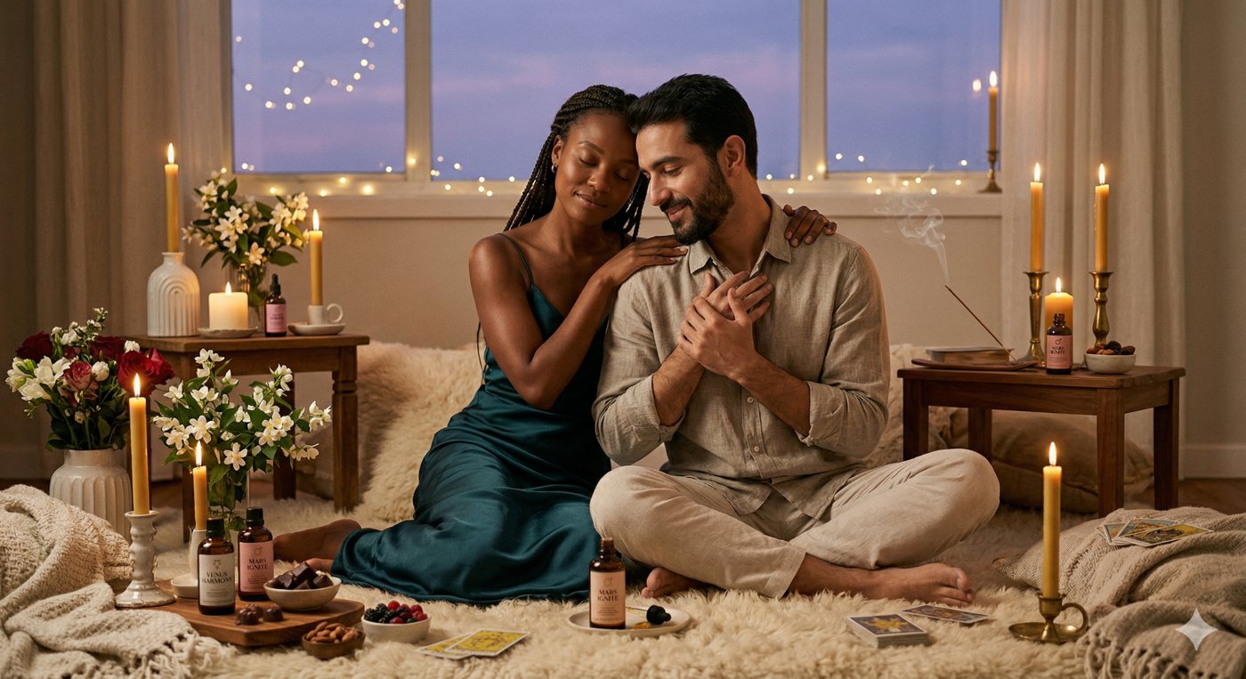 A romantic couple sharing a moment of mutual care in a mystical setting with candles, tarot cards, professional massage oil blends, and flowers