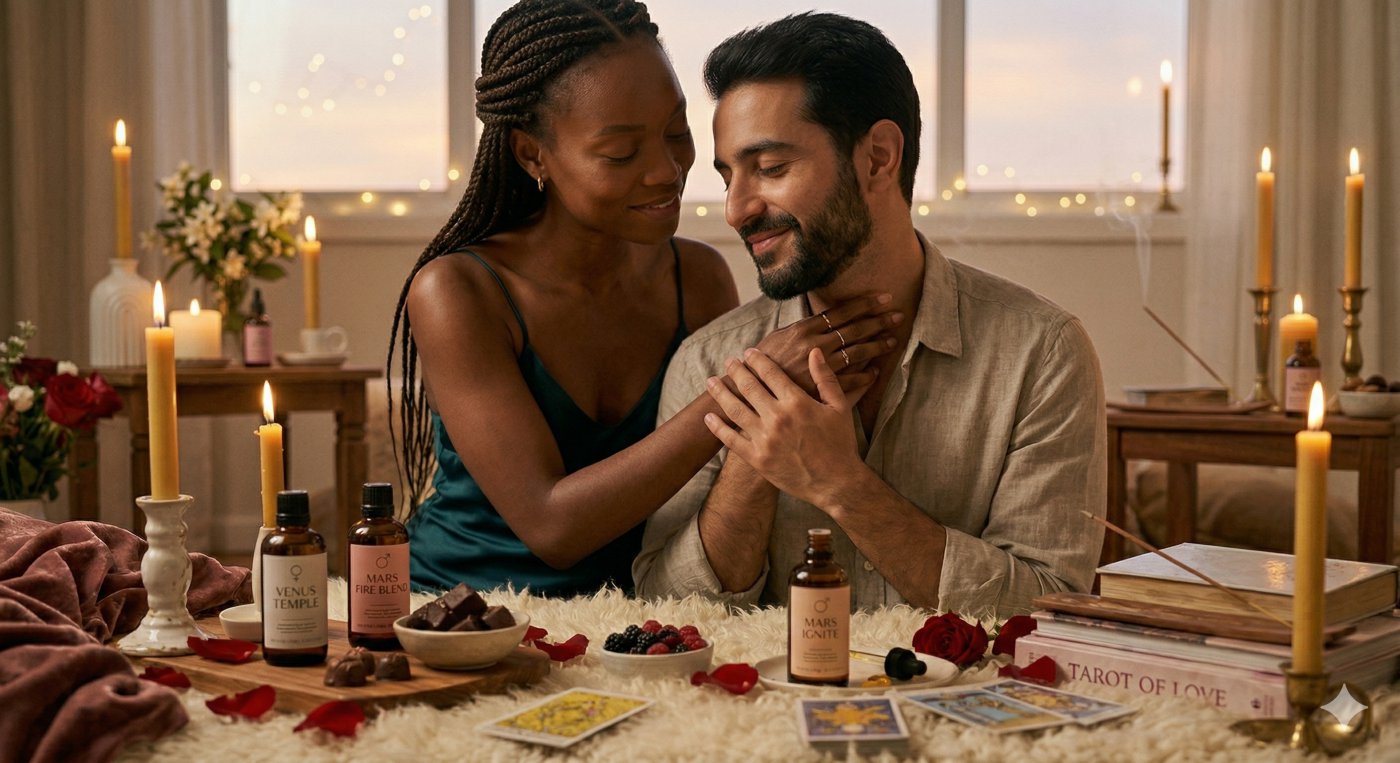 Close-up of a couple in a romantic ritual, showing a woman gently touching a man's neck, illustrating the Taurus zodiac body map and mutual care.