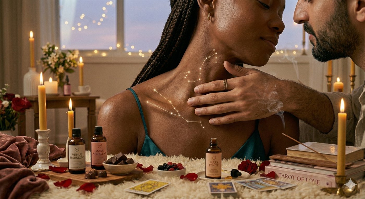 An intimate close-up of a couple's connection, featuring glowing zodiac constellations on the skin as a man gently touches a woman's neck in a romantic, candlelit setting