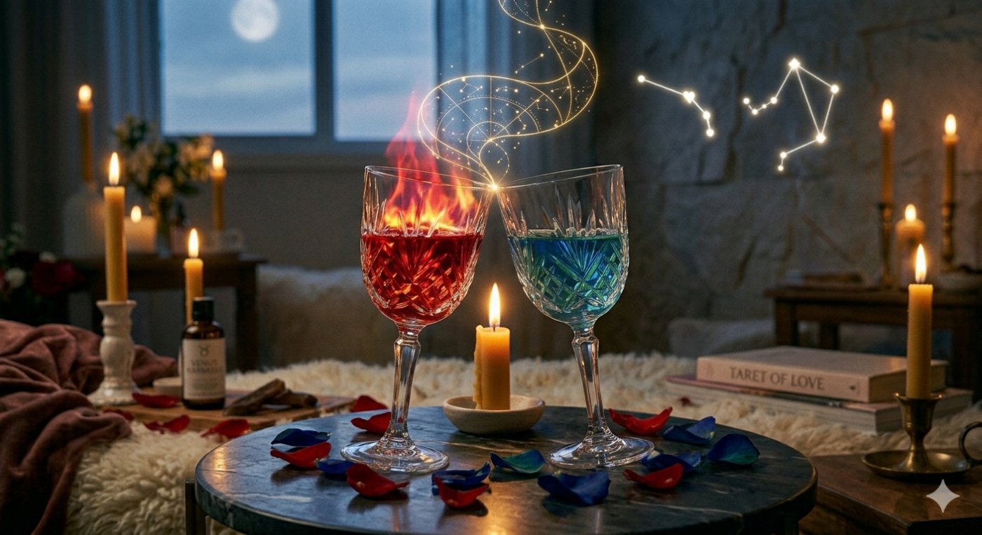 A conceptual view of Twin Flame fire and Soulmate water, joined in balance by a golden zodiac constellation