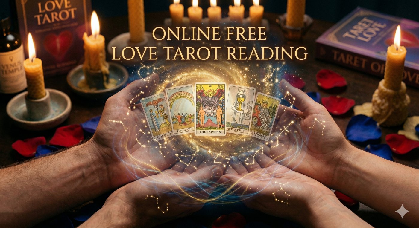 Online Free Love Tarot Reading banner: hands holding glowing tarot cards including The Lovers, surrounded by candles and mystical starlight