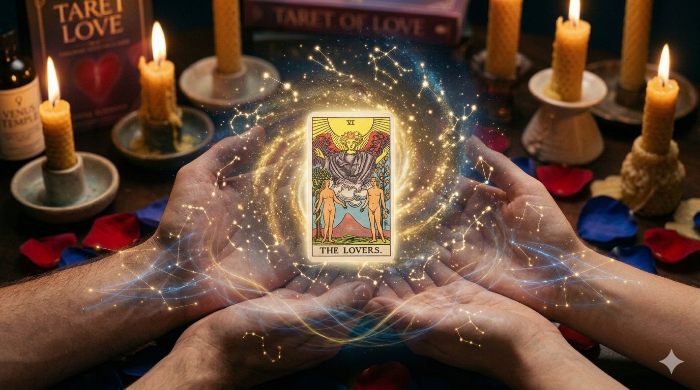 A mystical close-up of hands reaching towards a glowing 'The Lovers' tarot card, surrounded by candles and stardust, representing current feelings in love