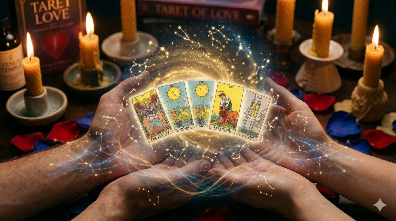 Professional tarot spread for twin flame shadow side reading, showing mystical cards and hands to reveal the honest truth about love