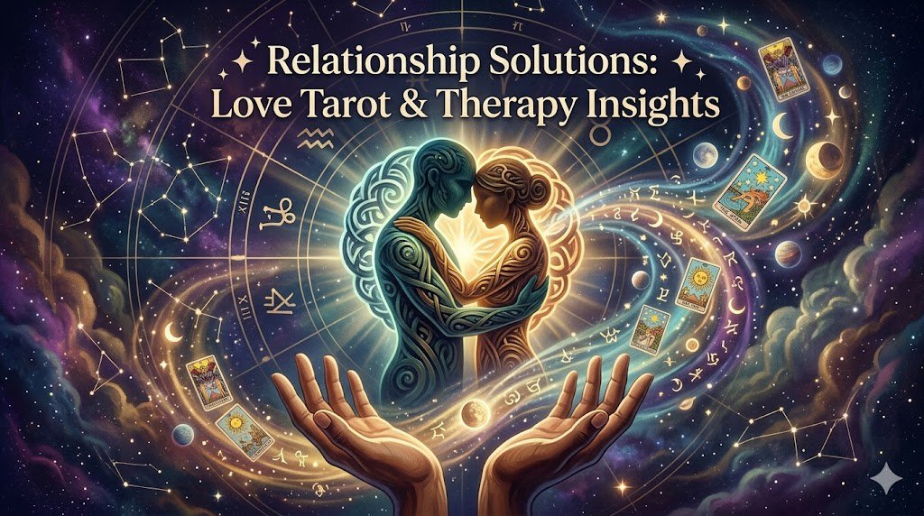 Abstract cosmic illustration of intertwined hearts and minds representing the fusion of Love Tarot insights and relationship therapy solutions