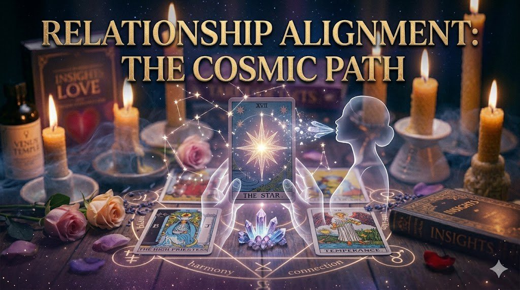 A cosmic relationship alignment scene featuring 'The Star' tarot card, symbolizing hope and clarity through professional psychic insights and emotional healing