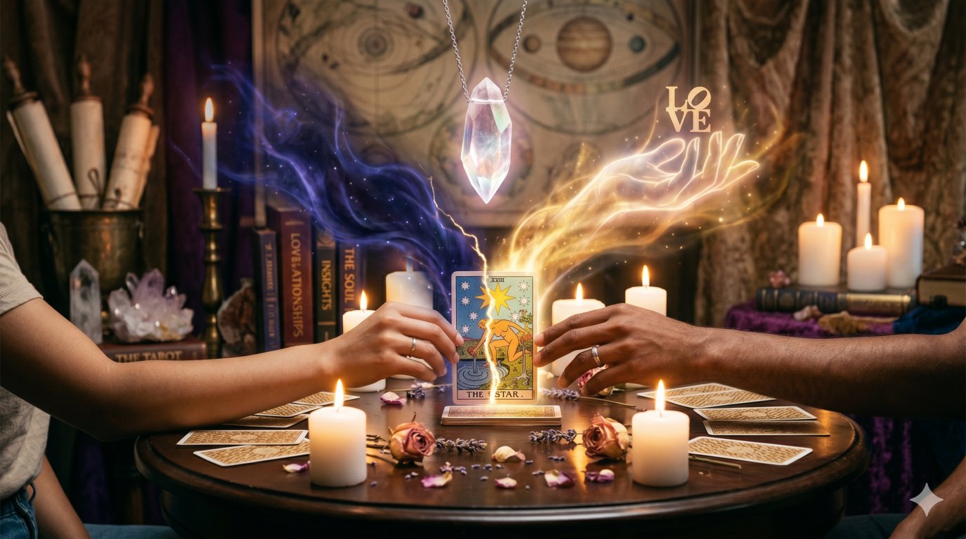 A mystical tarot reading for couples showing energy flowing from 'The Star' card, representing emotional healing and relationship solutions through spiritual guidance