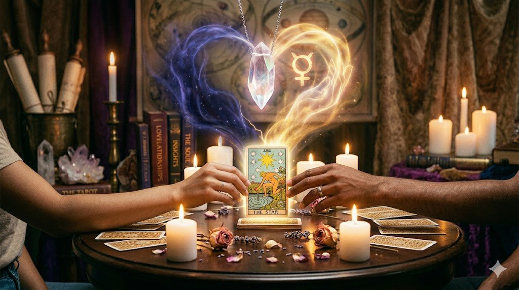 A spiritual tarot reading session for a couple, with a glowing heart-shaped aura above 'The Star' card, symbolizing the healing of intimacy and emotional connection through Tarot