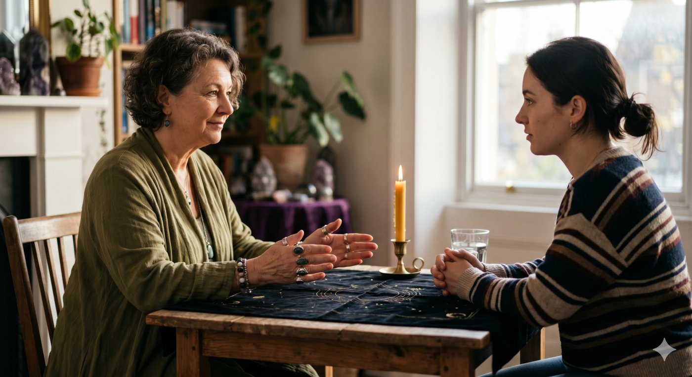 An authentic psychic reading session in progress in the UK. A natural seer holds her hands over an empty, clear wooden table, tuning into the client’s vibrational blueprint without