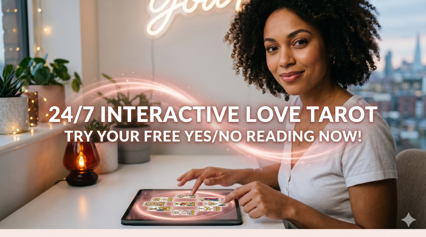 Online 24/7 Love Tarot. A user interacting with a digital tablet displaying a Yes/No reading spread in a home setting.