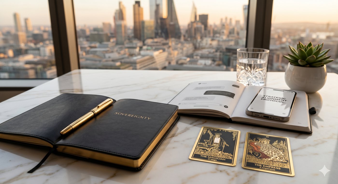 Luxury Spiritual Advisory and Relational Coaching desk with gold tarot cards and city skyline.